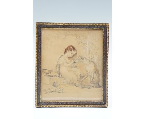 [Picture] A young girl and her dog sitting on a step, a rose with a butterfly in the foreground, an early 20th Century pencil