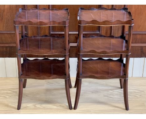 A pair of Georgian-influenced mahogany three-tier lamp or bed side tables, 37 cm x 29 cm x 67 cm