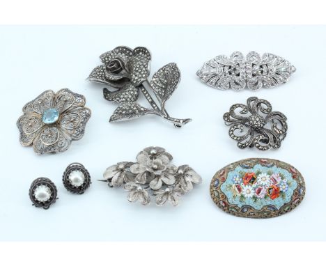 A group of vintage micro-mosaic, filigree, marcasite and diamante brooches together with a pair of earrings