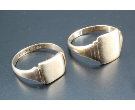 A vintage 9 ct gold signet ring together with a 9 ct yellow metal example, (latter tested as gold), 7.6 g