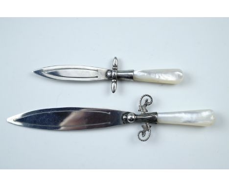 Two mother-of-pearl and white metal book marks in the form of daggers, (tested as silver)