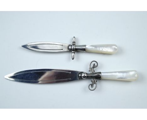 Two mother-of-pearl and white metal book marks in the form of daggers, (tested as silver)