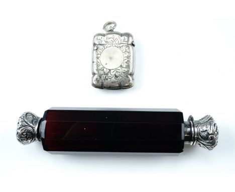 A Victorian white metal mounted ruby glass double scent / smelling salts bottle, together with an electroplate fob Vesta case