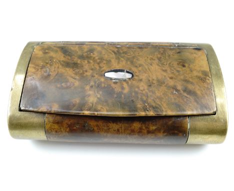 An uncommonly large 19th Century brass-mounted burr wood pocket tobacco or snuff box, its hinged lid opening to reveal a tort