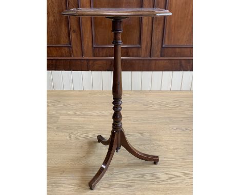 A Sheraton revival inlaid mahogany tripod wine or lamp table, 36 cm x 36 cm x 70 cm