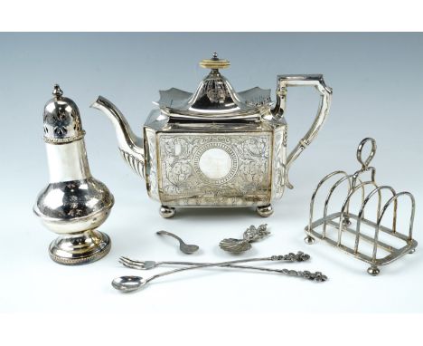 An Aesthetic influenced Victorian electroplated teapot, John Round and Son, of square form with inverted corners and engraved