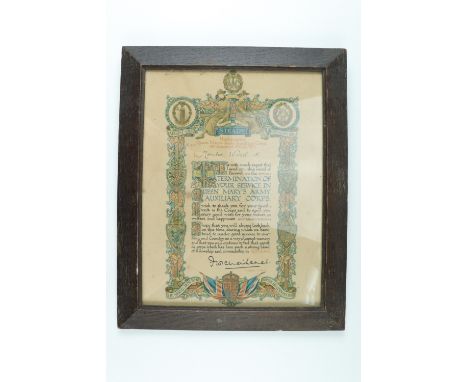 A framed Great War Queen Mary's Army Auxiliary Corps service certificate, 38 cm x 30 cm 