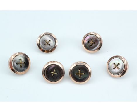 A set of six vintage rolled gold and faux tortoiseshell dress studs in the form of stitched buttons, 14 mm