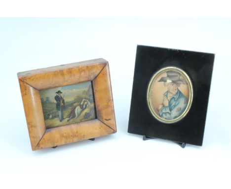 A 19th Century watercolour portrait miniature of a vagabond, unsigned, oval in a square ebonised frame, 13.5 x 11.5 cm, toget
