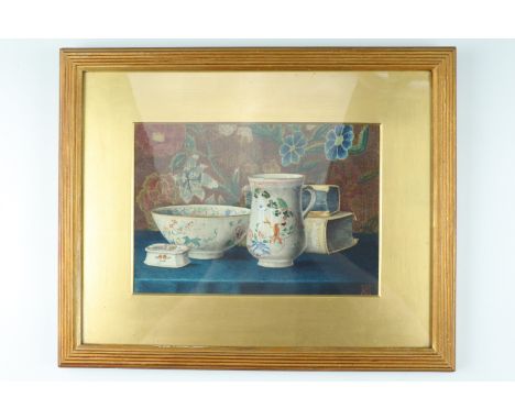 Christina Dearman Hills, (b 1863) "Relics of the Past", a still life of 18th Century porcelain and velum bound books with tap