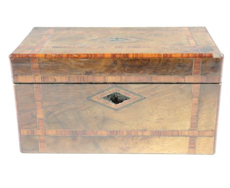 A Victorian string-inlaid and cross-banded walnut two-compartment tea caddy, 23 cm x 11 cm x 12 cm