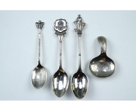 A Georgian style bright cut and wriggle-worked silver caddy spoon, a Glasgow Cathedral and two other silver souvenir spoons