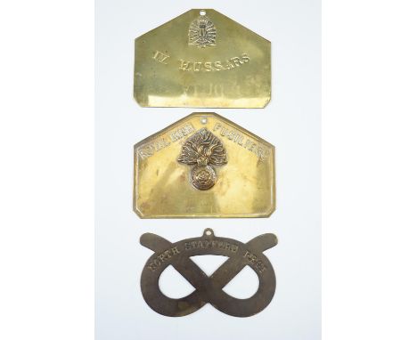 Three various early-to-mid 20th Century British army other ranks' brass duty plates including Staffordshire Regiment knot-sha