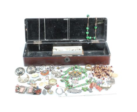 A late Meiji Japanese lacquer box containing a group of vintage costume jewellery including a late 19th / early 20th Century 