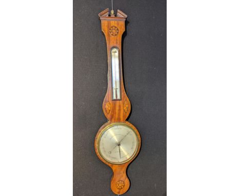 A George III Lione &amp; Somalvico of London mahogany wheel barometer with inlaid shell designs, H.95cm