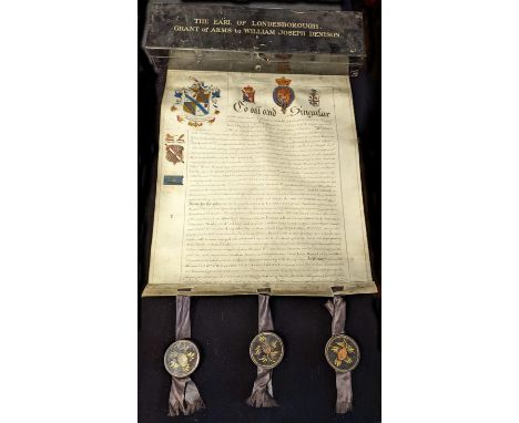 Grant of Arms Manuscript for The Earl of Londesborough to William Joseph-Denison , illuminated manuscript with 5 armorial bea