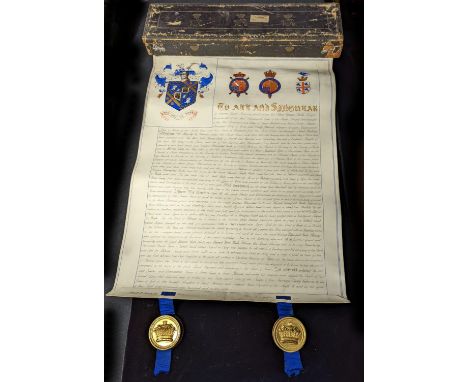Grant of Arms Manuscript &amp; Victoria Regina box for Fairfax Blomfield Wade-Palmer to use the name Palmer, illuminated manu