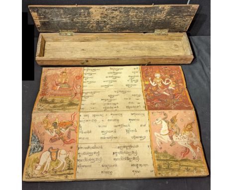 A large 19th century Thai Buddhist manuscript with illustrations, within wooden box, over 1.5metres,