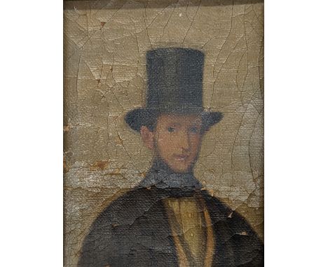 A 19th century miniature portrait of a gentleman with top-hat, oil on canvas laid on board, H.10.5cm W.8.5cm  