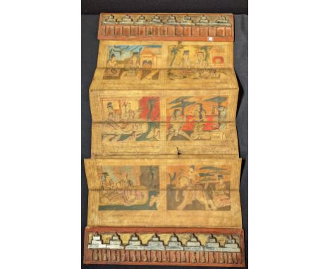 A 19th century Burmese Gilt Wooden Buddhist Folding Manuscript, illustrations to one side, scriptures to the other, possibly 