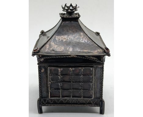 An Arts and Crafts silver and tortoiseshell night light, the lid mounted with stones, crown finial, indistinct mark to base, 