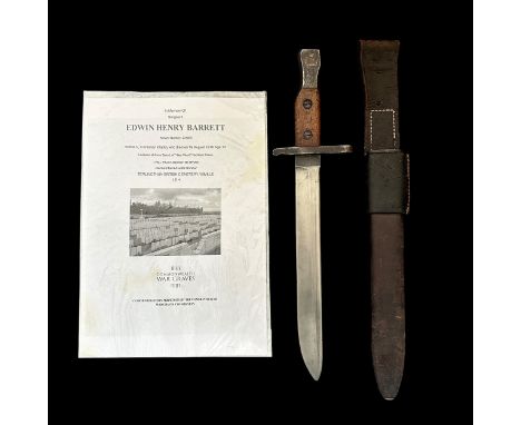Ross Rifle Co 1907 Pattern bayonet and leather scabbard, pommel marked Ross Rifle Co/Quebec/Patented 1907, other side 12/11, 
