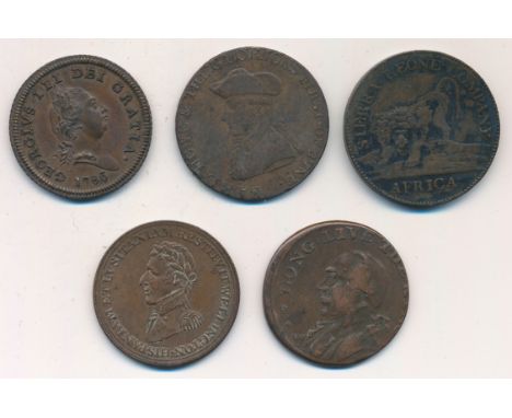 Coins And Tokens to include 1791 Sierra Leone Company Penny Obverse Lion, SIERRA LEONE COMPANY AFRICA, Reverse Clasped Hands,