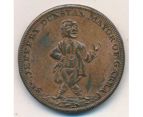 Middlesex Thomas Hall, Copper Halfpenny, 1795, obv deformed dwarf, SIR JEFFERY DUNSTAN MAYOR OF GARRAT around, rev T. HALL CI