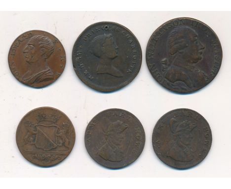 Coins and Tokens to include: 1792 Birmigham John Howard Farthing Obverse Head Facing left, IOHN HOWARD · F · R · S, Reverse C