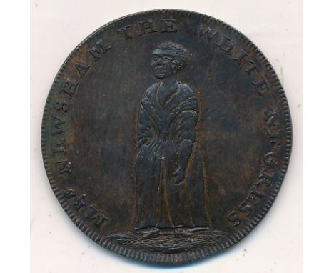 1795  Middlesex copper Halfpenny token. Obverse: a woman standing, 'MRS NEWSHAM THE WHITE NEGRESS'  Reverse: 'NEAR FINSBURY S