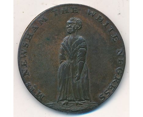 Middlesex Thomas Hall, Copper Penny, 1795, obv woman standing, MRS. NEWSHAM THE WHITE NEGRESS around, without necklace, rev T