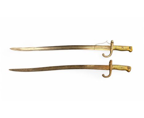 Pair of French chassepot bayonets (no scabbards) first dated 1866 and crossguard numbered H23883 this about very fine, the se