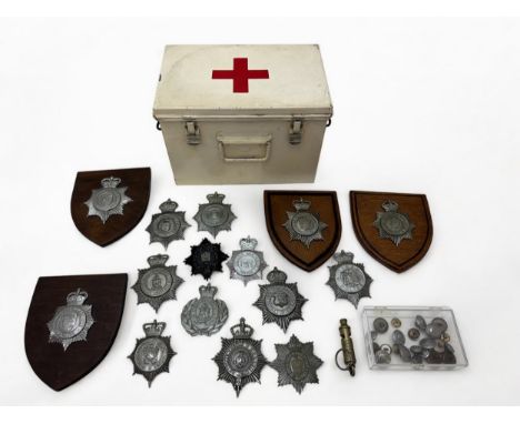 Police medal collection in red cross painted tin with four Constabulary badges mounted on shield plaques with Cheshire, Oldha