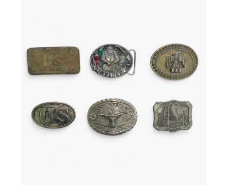 Range of six belt buckles, including Wrangler US 7th Cavalry, Welder, US, Golden Gate Bridge and two others. (6).