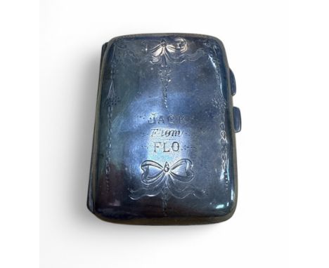Silver hallmarked cigarette case, front engraved Jack from Flo with floral and ribbon design, Birmingham 195-16 hallmarks, so