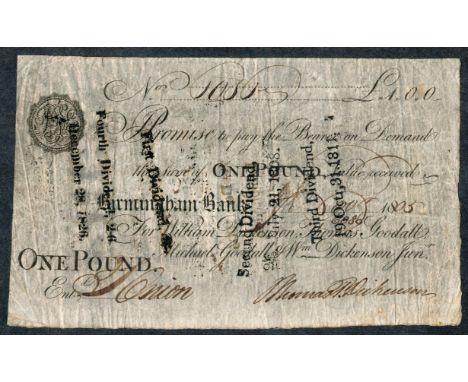Birmingham bank £1 banknote dated 1805 for Dickenson, Goodall, Goodall &amp; Dickenson Jun, number 6086, four handstamps with