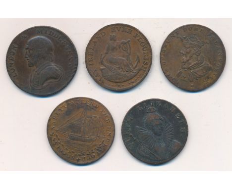Coins And Tokens to include: 1794 Sussex (Chichester) Halfpenny Obverse Queen Elizabeth I, QUEEN ELIZABETH, Reverse View of C