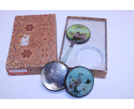 A vintage Chinese boxed hand mirror and trinket box 