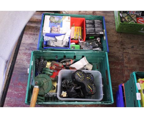 Two boxes of assorted tools and accessories, shipping unavailable 