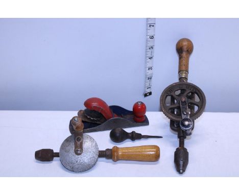 A job lot of vintage wood working tools including military issue hand drill 