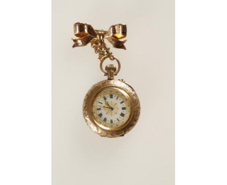 A LADIES YELLOW GOLD AND ENAMEL FOB WATCH, the round dial with Roman numerals and gilt decoration, in an engraved case with a