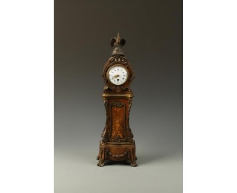 A 19TH CENTURY FRENCH MINIATURE LONGCASE CLOCK, with circular enamelled dial, within an elaborate gilt metal mounted kingwood