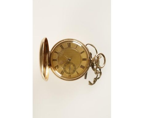 A GENTLEMAN'S 18CT YELLOW GOLD HUNTING CASE POCKET WATCH, the gilt engine turned dial with gilt Roman numerals, and subsidiar