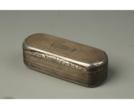A GEORGE IV SNUFF BOX of shaped rectangular form, with engine-turned decoration and vacant rectangular cartouche, with foliat