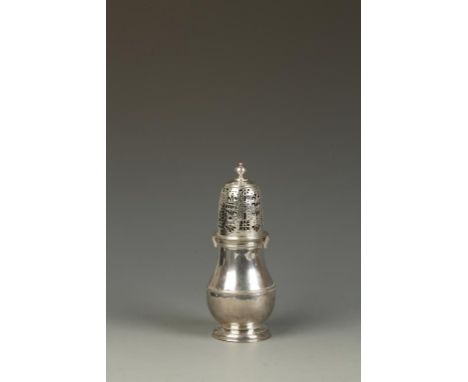 A BRITANNIA STANDARD SUGAR CASTOR of baluster form with a pierced bayonet fitting and pull-off cover, disc finial, crested, w