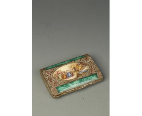 A GERMAN SILVER AND SILVER GILT SNUFF BOX, with painted enamel vignette, flanked by faux malachite panels, stamped 800, 3" wi