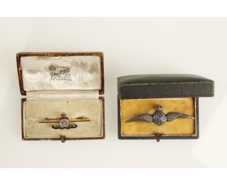 A ROYAL ARTILLERY DIAMOND AND ENAMEL BAR BROOCH set on platinum and 14ct yellow gold, in a fitted presentation case, and a wh