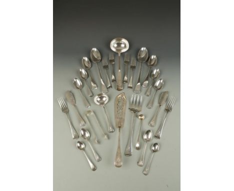 AN EXTENSIVE VICTORIAN CANTEEN OF OLD ENGLISH PATTERN CUTLERY, crested, by George Adams, London 1863, comprising 24 table spo