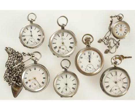 A GENTLEMAN'S SILVER OPEN FACED POCKET WATCH, the white enamel dial with Roman numerals and subsidiary seconds dial, attached