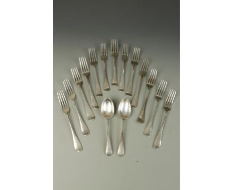 A SET OF EIGHT EDWARDIAN OLD ENGLISH PATTERN TABLE FORKS, crested, by the Goldsmiths & Silversmiths Company, London 1906, and